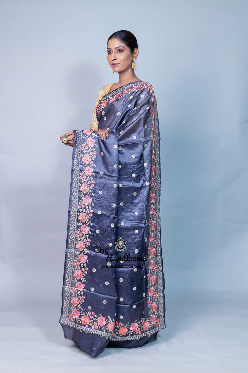 Tussar Silk Handloom Banarasi Saree With Chikankari