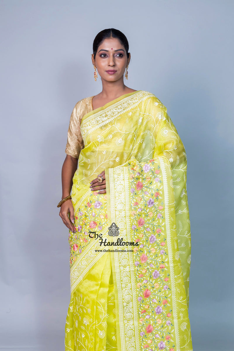 Pure Organza Chikankari Handloom Banarasi Saree