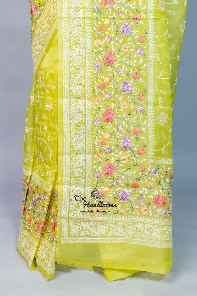 Pure Organza Chikankari Handloom Banarasi Saree