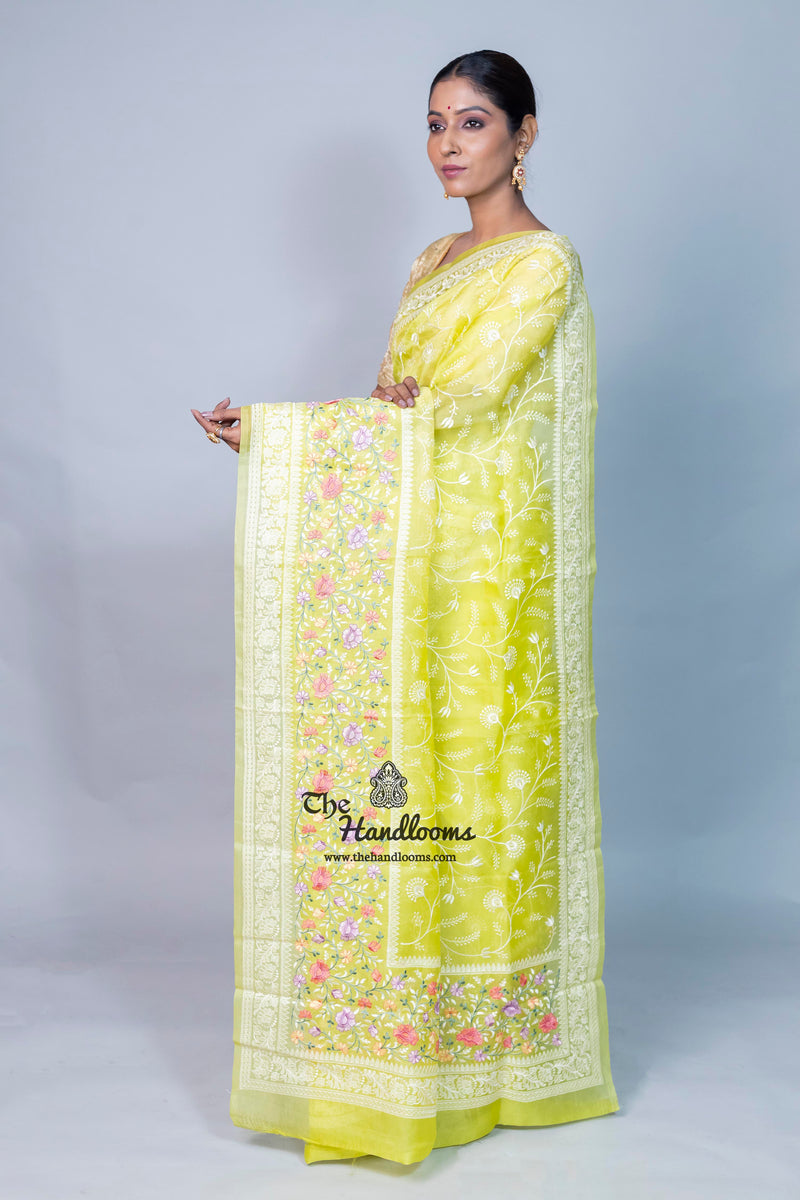 Pure Organza Chikankari Handloom Banarasi Saree