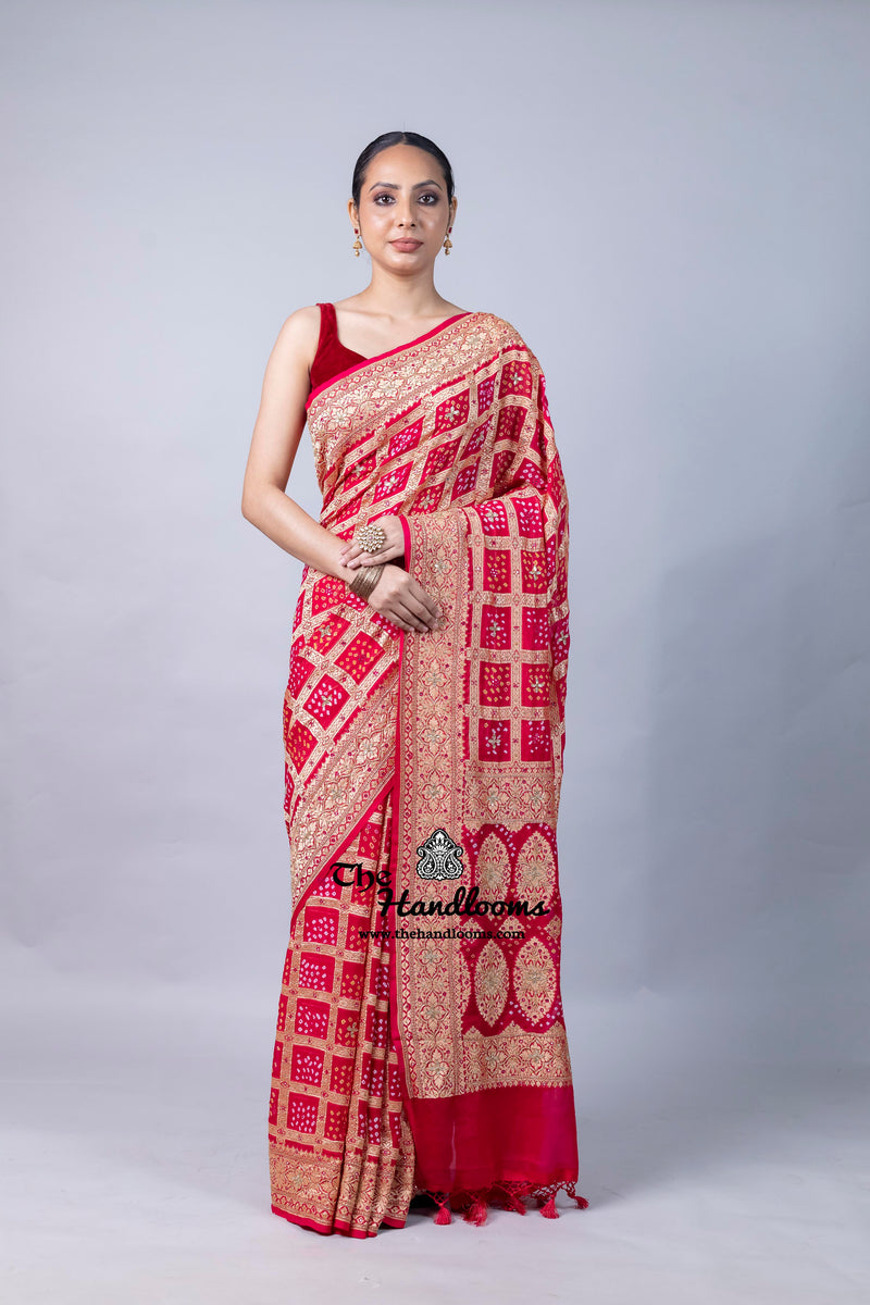 Pure Khaddi Georgette Banarasi Bandhej Handloom Saree with Handwork: Gota Patti, Zardozi, Diamond Chain, Katdana, and Abla Detailing