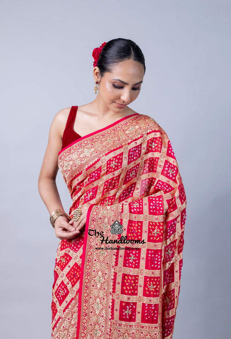 Pure Khaddi Georgette Banarasi Bandhej Handloom Saree with Handwork: Gota Patti, Zardozi, Diamond Chain, Katdana, and Abla Detailing