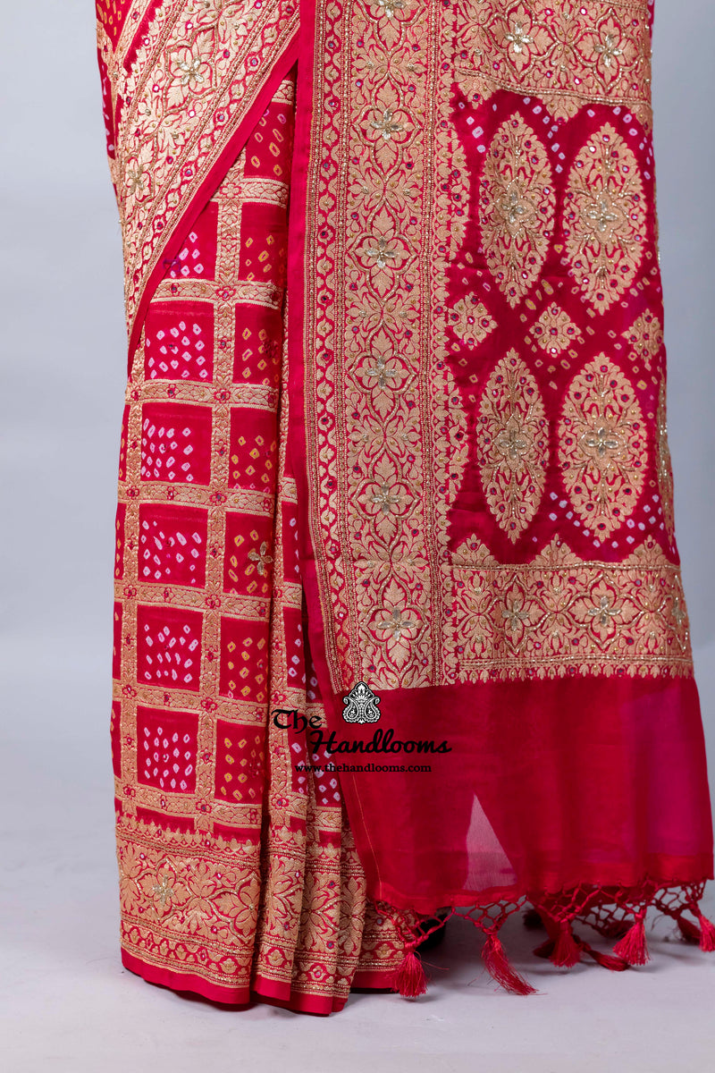 Pure Khaddi Georgette Banarasi Bandhej Handloom Saree with Handwork: Gota Patti, Zardozi, Diamond Chain, Katdana, and Abla Detailing