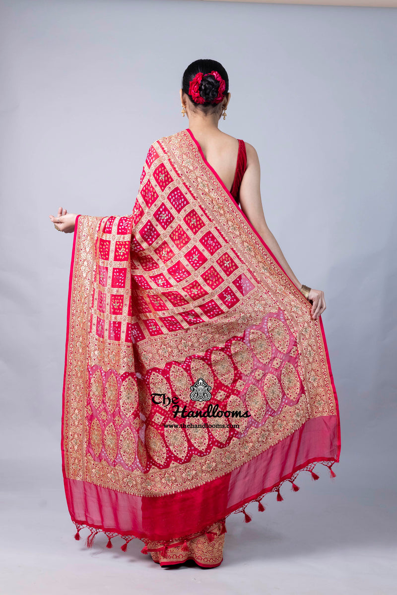 Pure Khaddi Georgette Banarasi Bandhej Handloom Saree with Handwork: Gota Patti, Zardozi, Diamond Chain, Katdana, and Abla Detailing