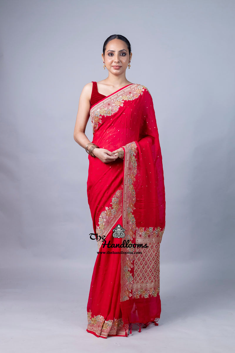 Hot Pink Khaddi Georgette Handloom Banarasi Saree with Handwork: Gota Patti, Zardozi, Diamond Chain, Katdana, and Abla Detailing