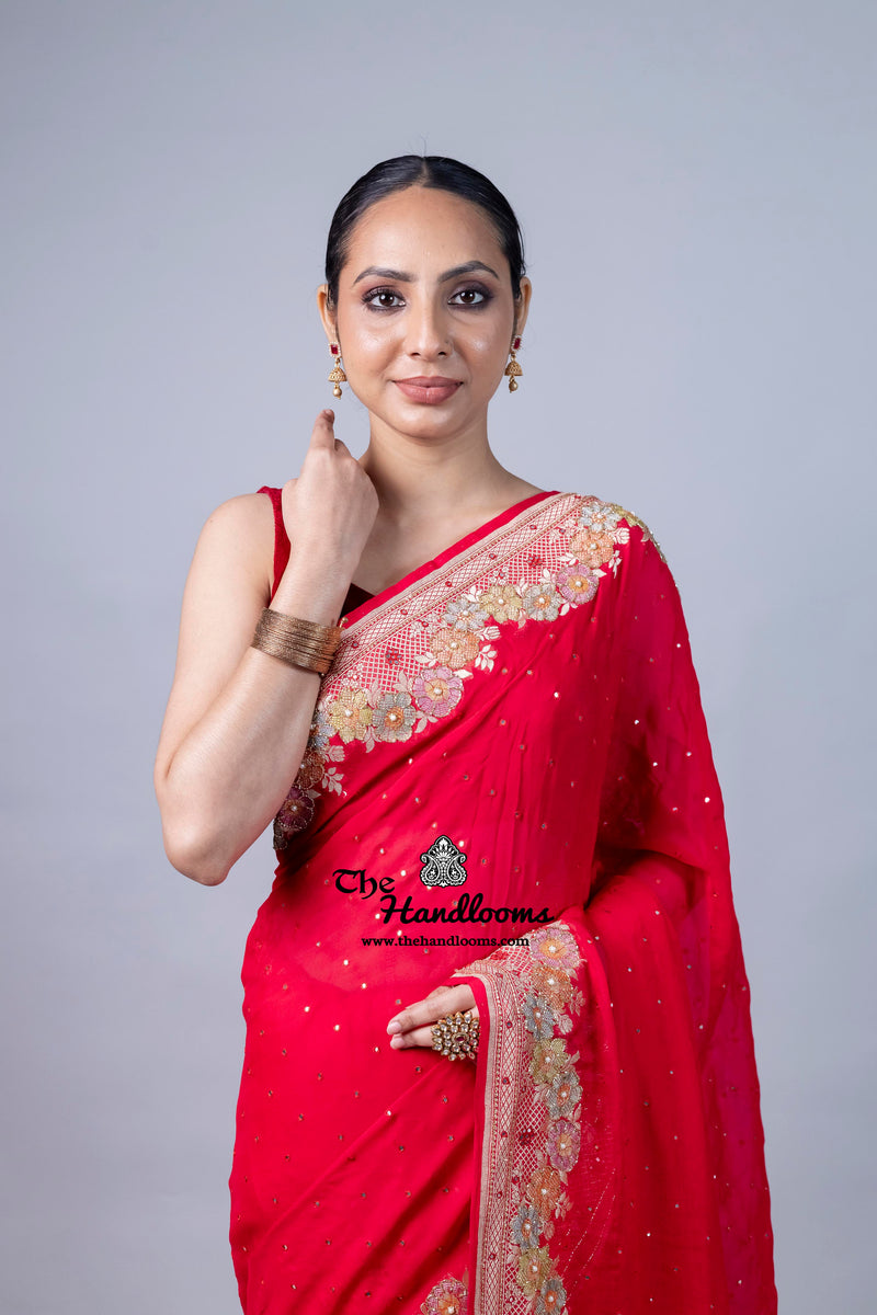 Hot Pink Khaddi Georgette Handloom Banarasi Saree with Handwork: Gota Patti, Zardozi, Diamond Chain, Katdana, and Abla Detailing