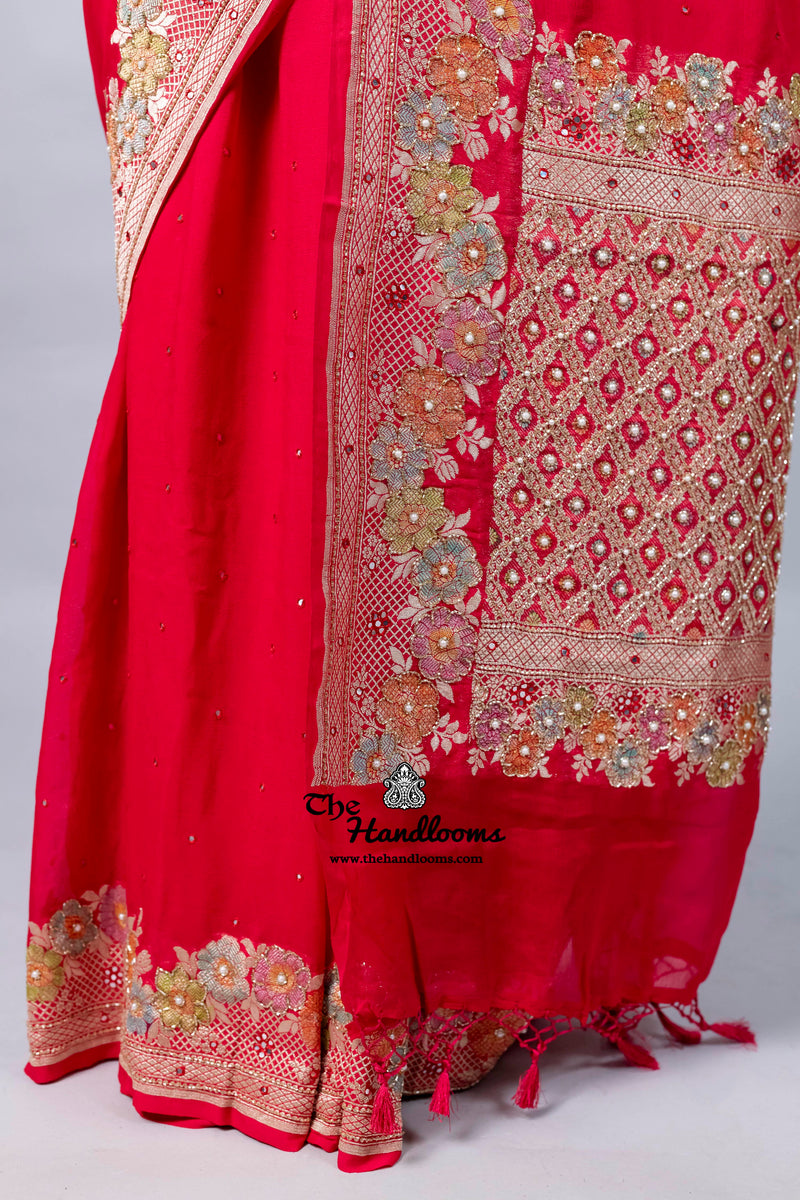 Hot Pink Khaddi Georgette Handloom Banarasi Saree with Handwork: Gota Patti, Zardozi, Diamond Chain, Katdana, and Abla Detailing