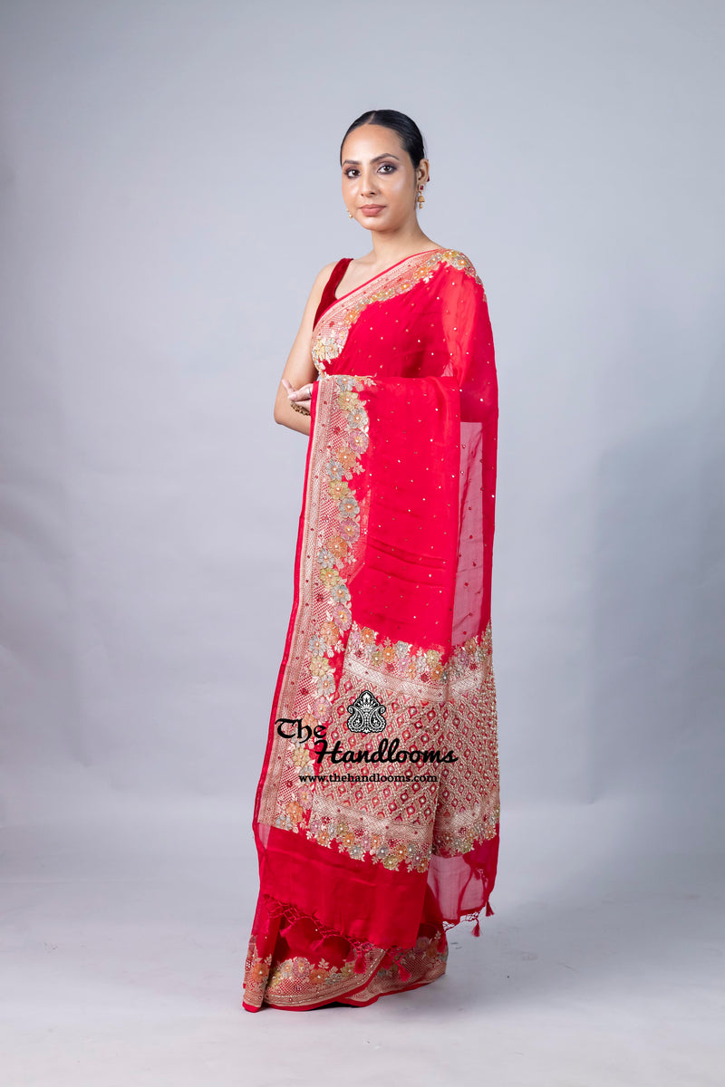 Hot Pink Khaddi Georgette Handloom Banarasi Saree with Handwork: Gota Patti, Zardozi, Diamond Chain, Katdana, and Abla Detailing