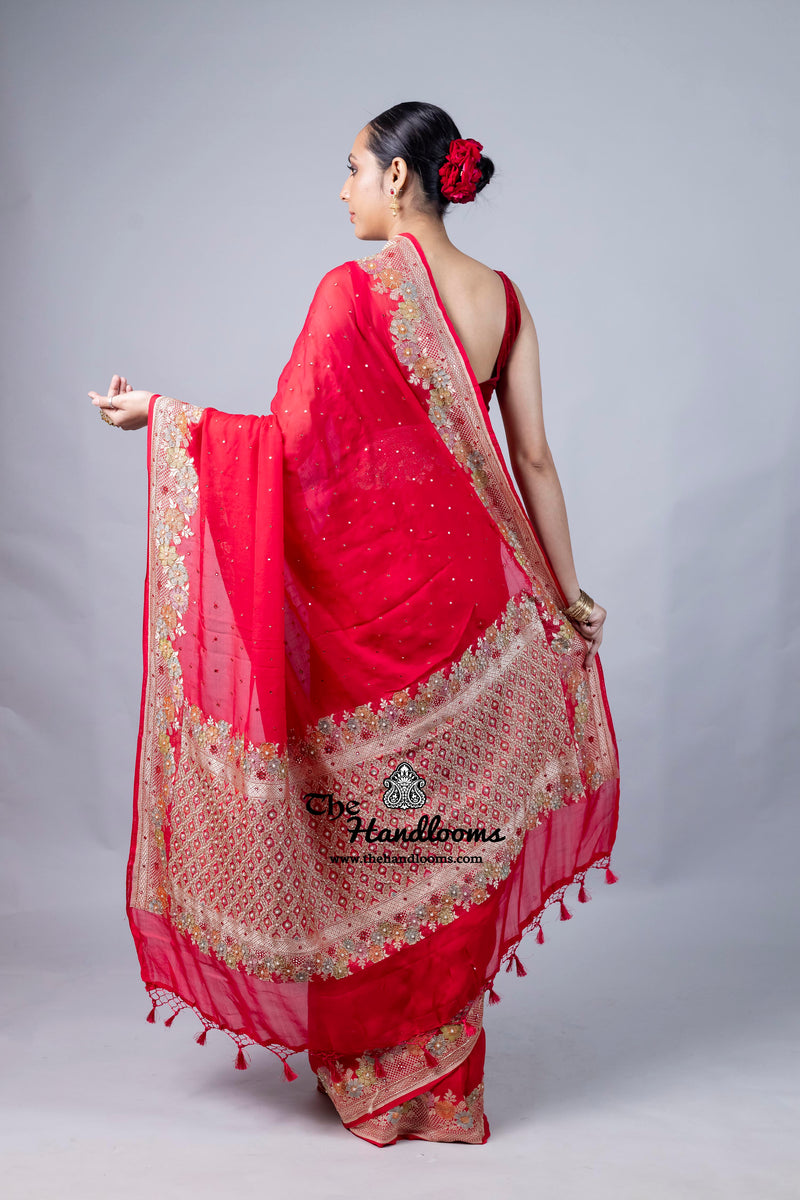 Hot Pink Khaddi Georgette Handloom Banarasi Saree with Handwork: Gota Patti, Zardozi, Diamond Chain, Katdana, and Abla Detailing