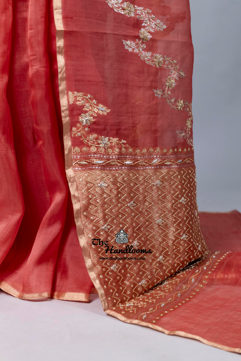 Pure Kora  Handloom Banarasi Saree With Zardosi And Cut Dana Handwork