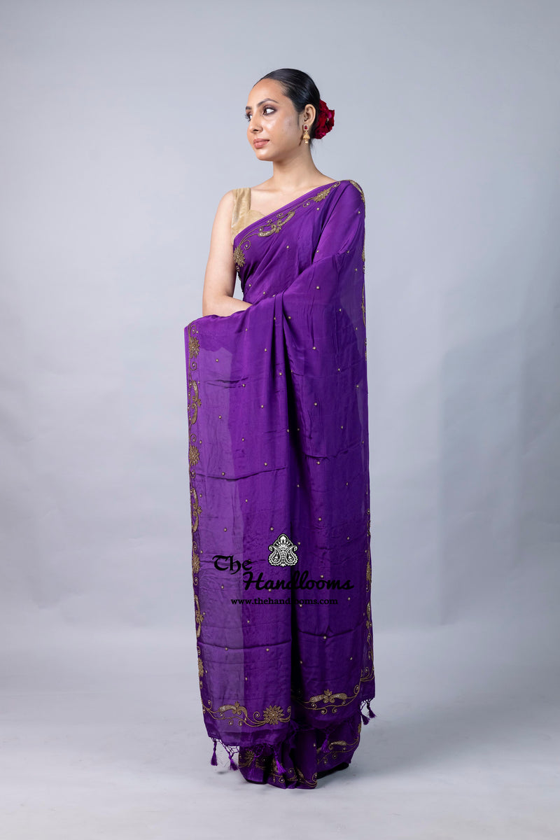 Pure Crepe Silk Handloom Banarasi Saree with Handwork