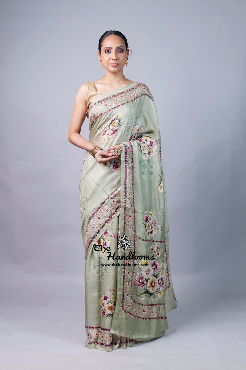 Pure Silk Handloom Banarasi Saree with Digital Print and Handwork