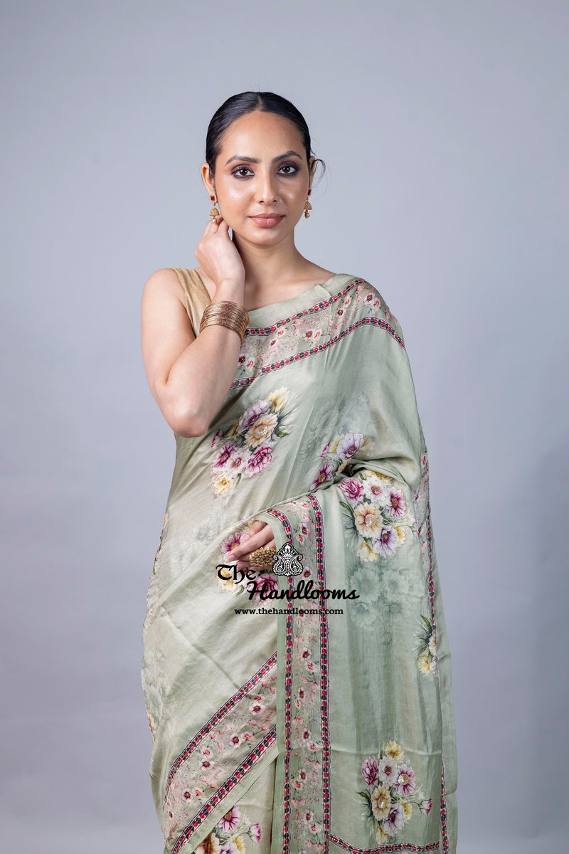 Pure Silk Handloom Banarasi Saree with Digital Print and Handwork