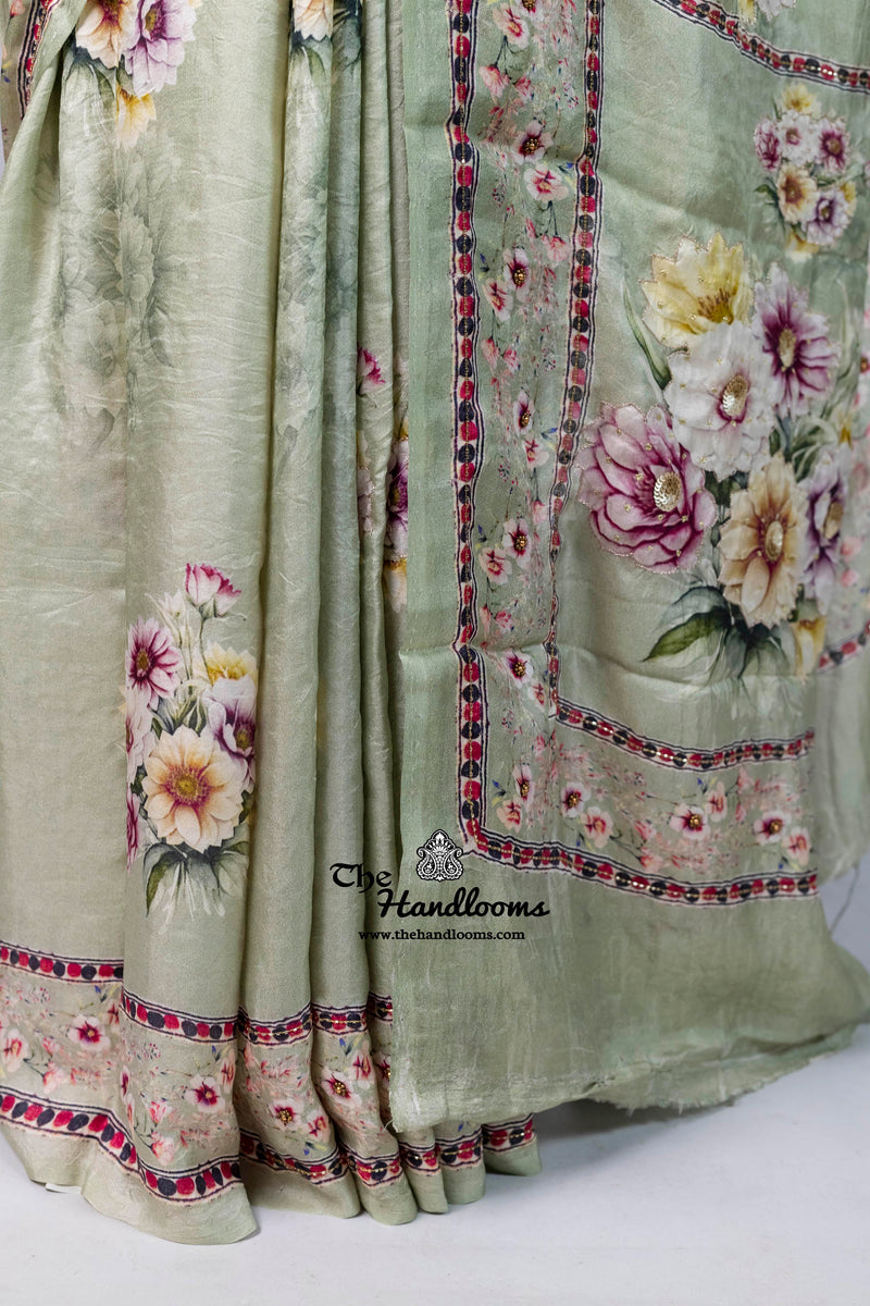 Pure Silk Handloom Banarasi Saree with Digital Print and Handwork