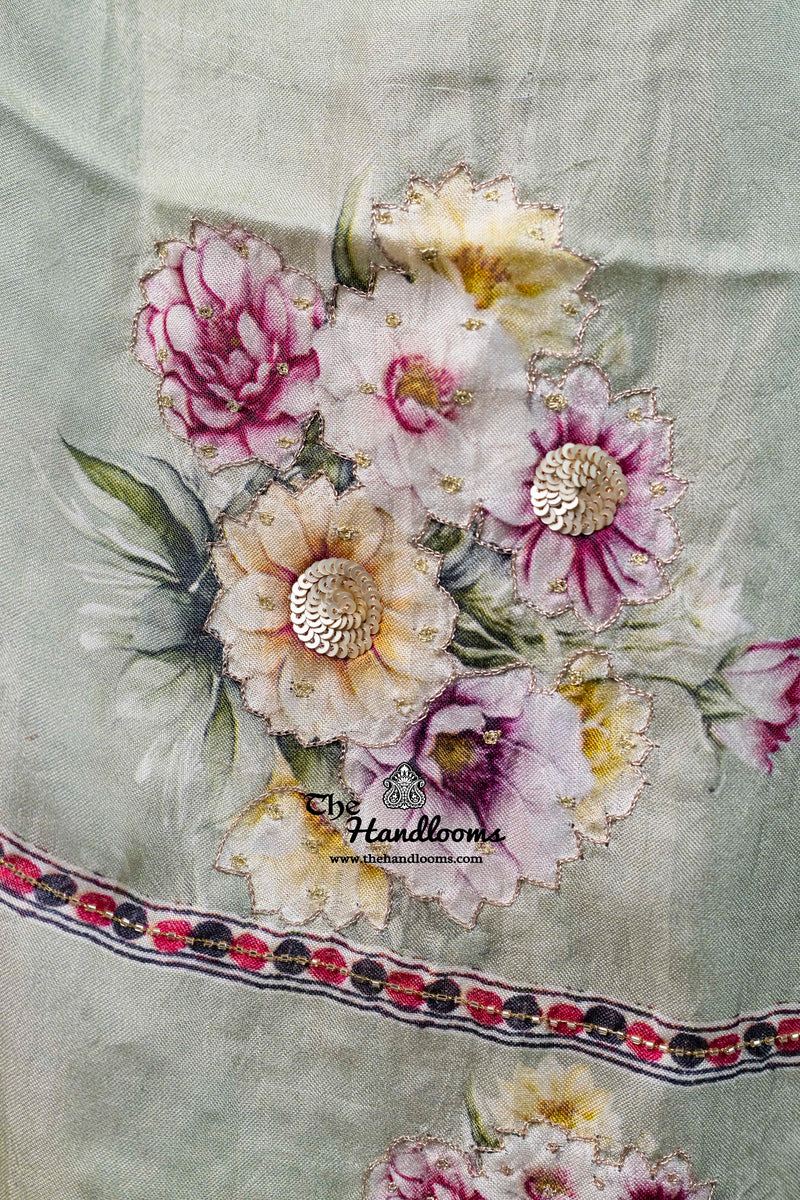 Pure Silk Handloom Banarasi Saree with Digital Print and Handwork