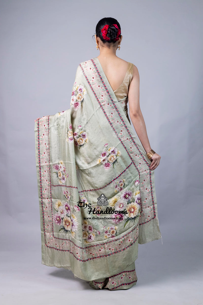 Pure Silk Handloom Banarasi Saree with Digital Print and Handwork