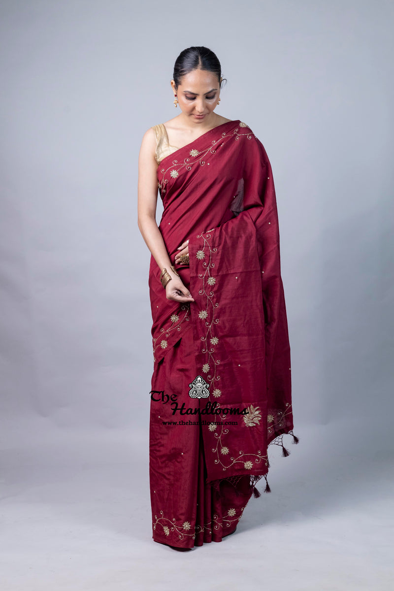 Pure Moonga Silk Handloom Banarasi Saree With Handwork