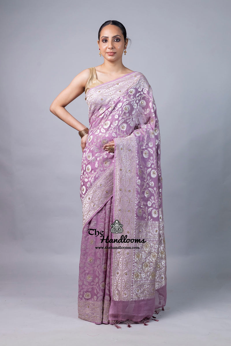 Khaddi Georgette Handloom Banarasi Saree with Handwork: Gota Patti, Zardozi, Diamond Chain, Katdana, and Abla Detailing