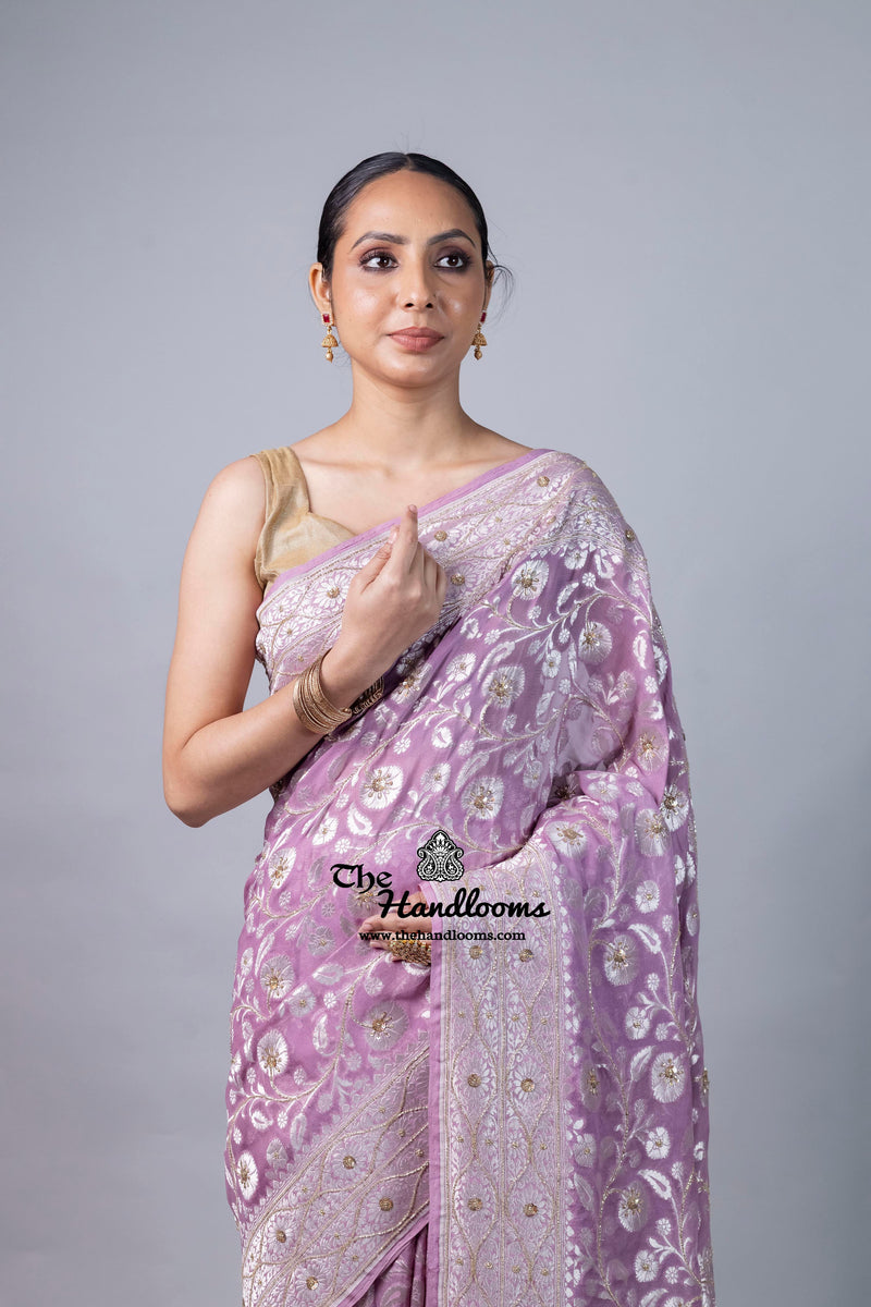 Khaddi Georgette Handloom Banarasi Saree with Handwork: Gota Patti, Zardozi, Diamond Chain, Katdana, and Abla Detailing