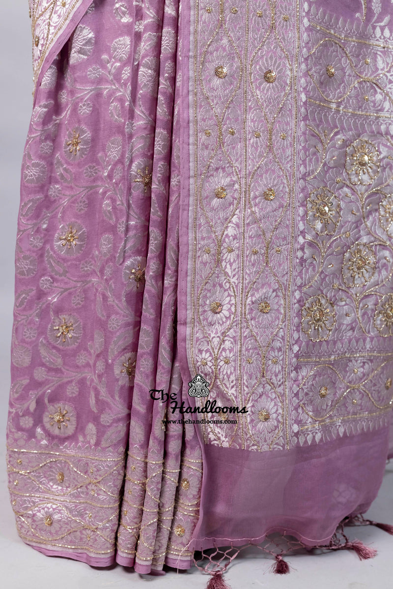 Khaddi Georgette Handloom Banarasi Saree with Handwork: Gota Patti, Zardozi, Diamond Chain, Katdana, and Abla Detailing