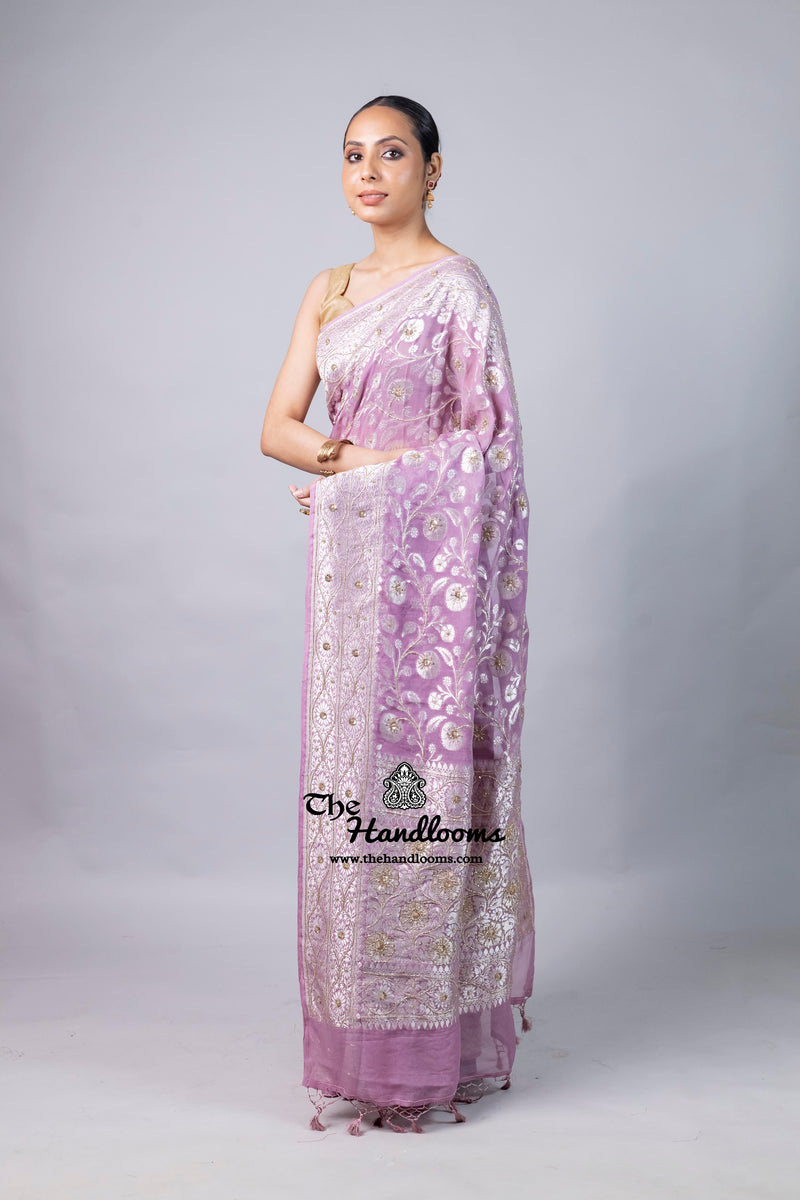 Khaddi Georgette Handloom Banarasi Saree with Handwork: Gota Patti, Zardozi, Diamond Chain, Katdana, and Abla Detailing