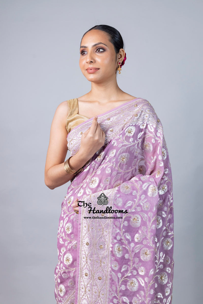 Khaddi Georgette Handloom Banarasi Saree with Handwork: Gota Patti, Zardozi, Diamond Chain, Katdana, and Abla Detailing