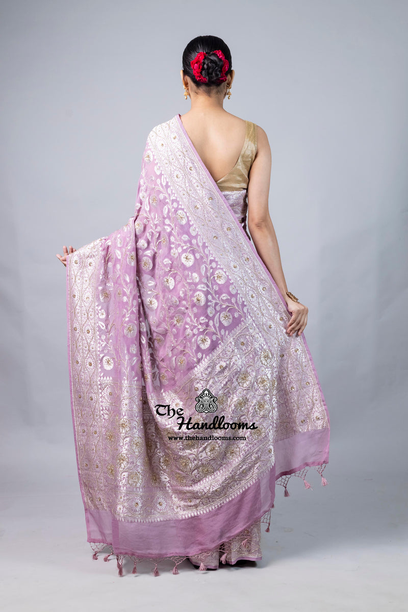 Khaddi Georgette Handloom Banarasi Saree with Handwork: Gota Patti, Zardozi, Diamond Chain, Katdana, and Abla Detailing