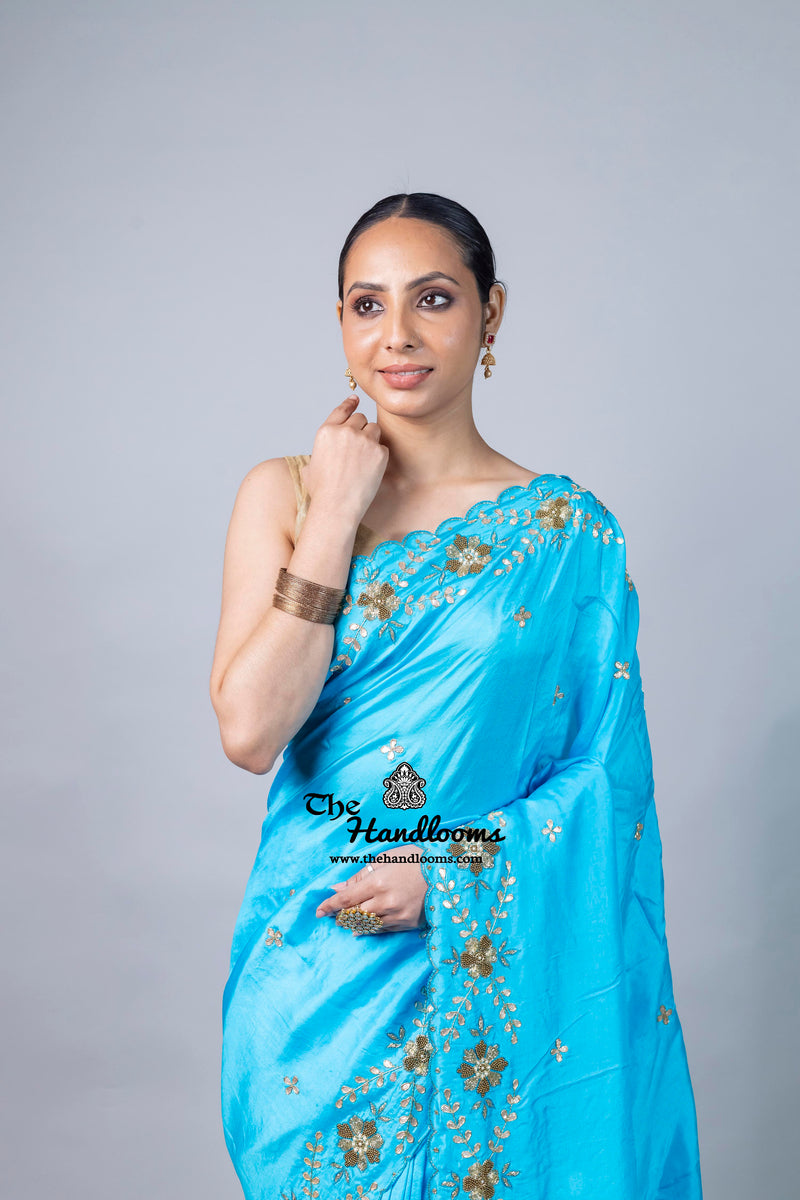 Pure katan Silk Handloom Banarasi Saree with Handwork: Zardozi, Diamond Chain, Katdana, and Abla Detailing