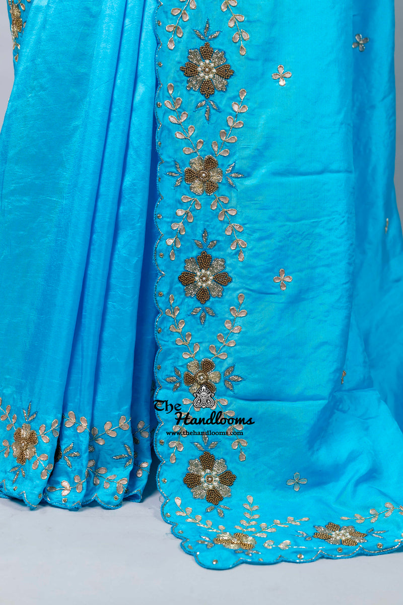 Pure katan Silk Handloom Banarasi Saree with Handwork: Zardozi, Diamond Chain, Katdana, and Abla Detailing