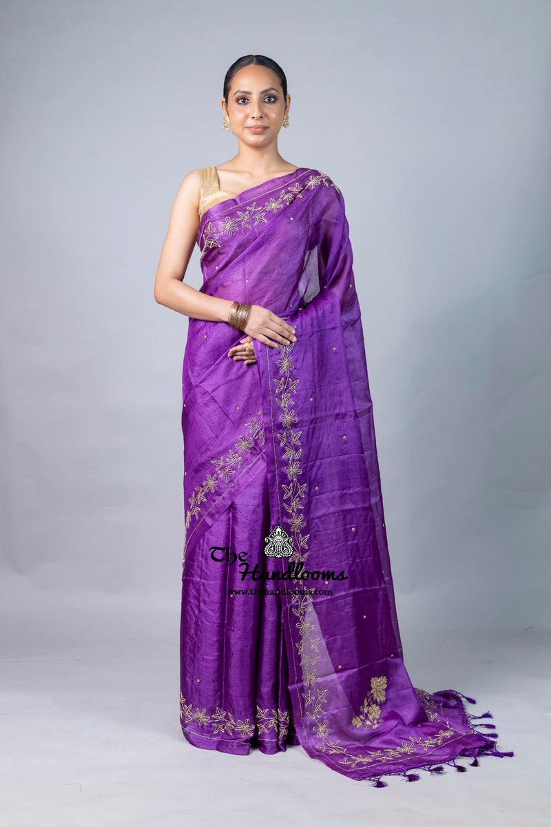 Pure Tussar Silk Handloom Banarasi Saree With Handwork