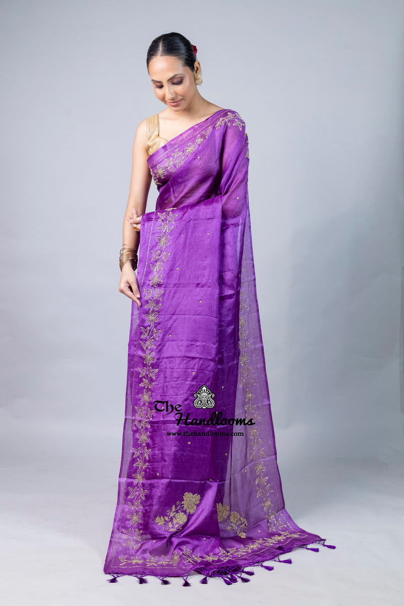 Pure Tussar Silk Handloom Banarasi Saree With Handwork