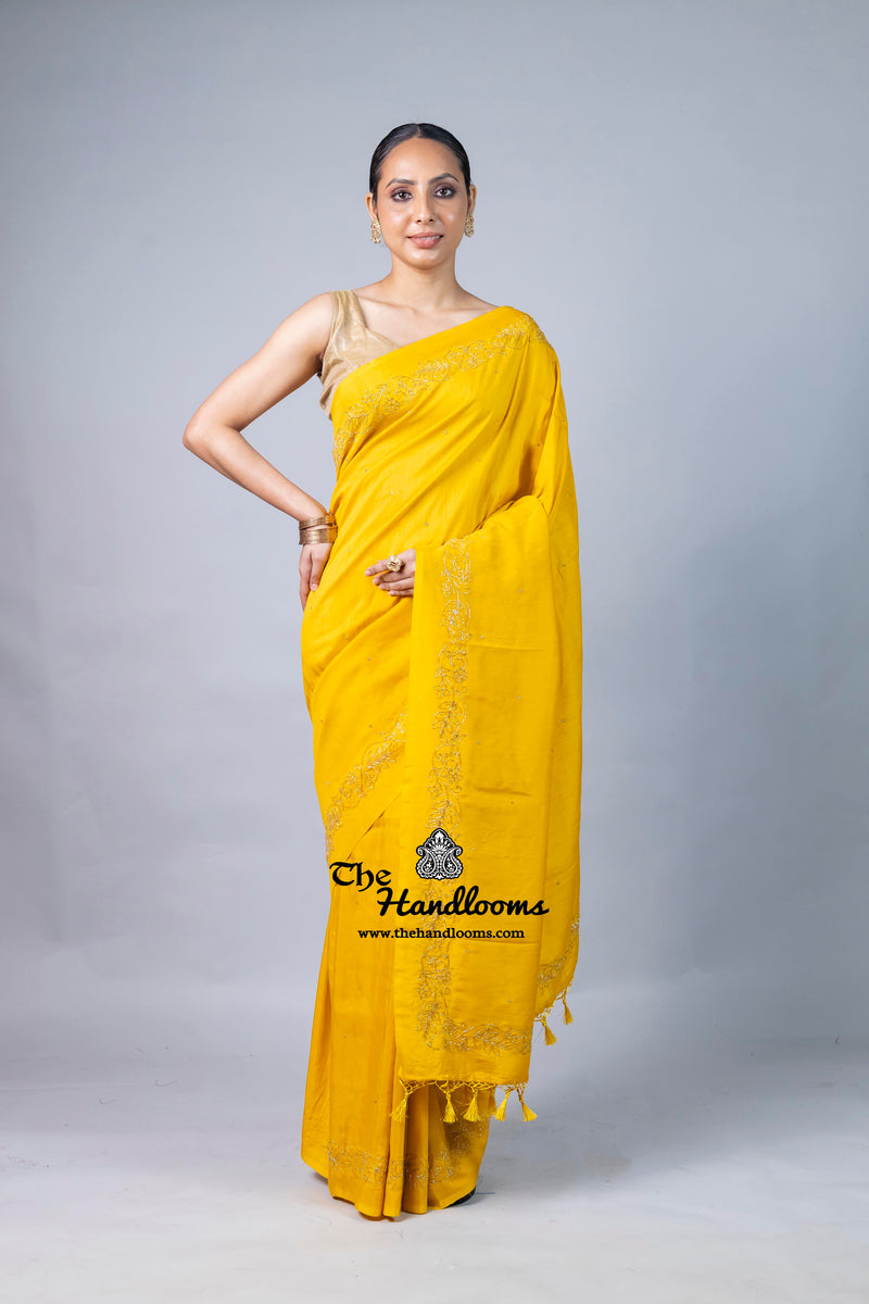 Pure Moonga Silk Handloom Banarasi Saree With Handwork