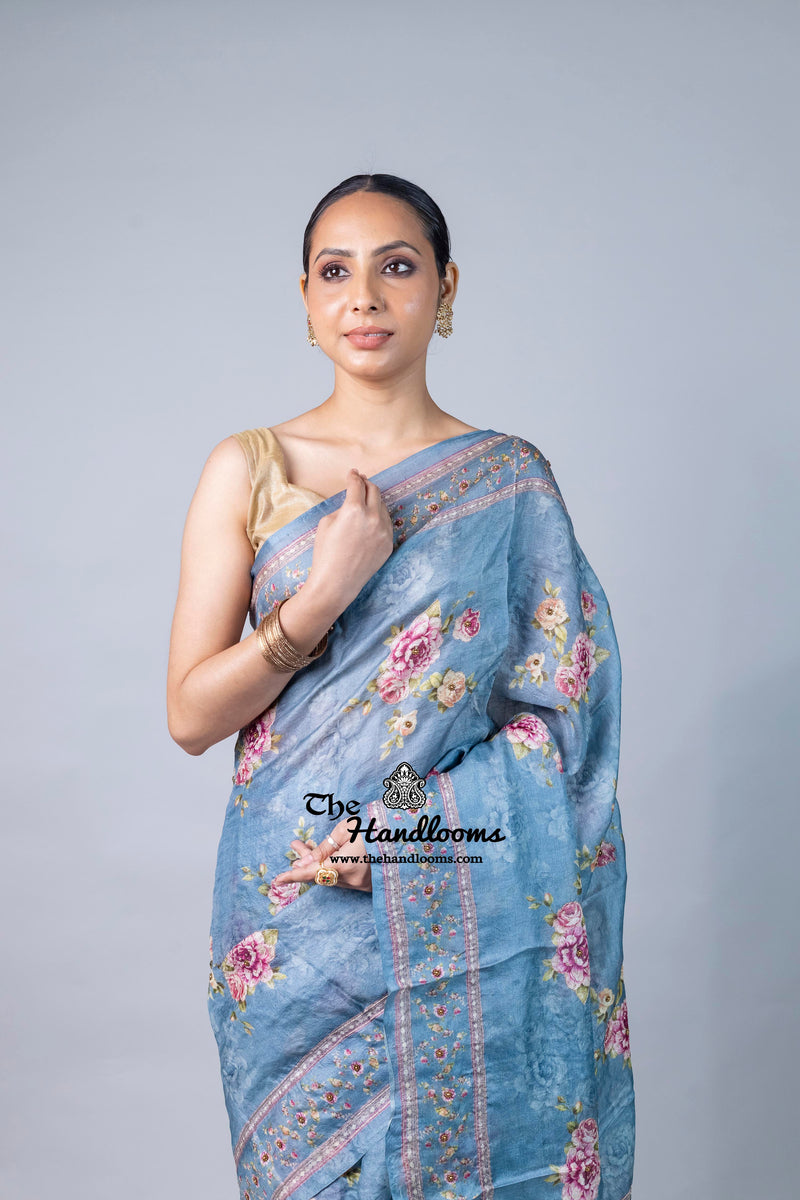 Pure Silk Handloom Banarasi Saree with Digital Print and Handwork