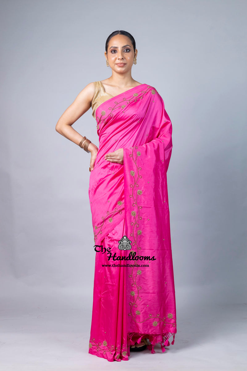 Pure katan Silk Handloom Banarasi Saree with Handwork: Zardozi, Diamond Chain, Katdana, and Abla Detailing
