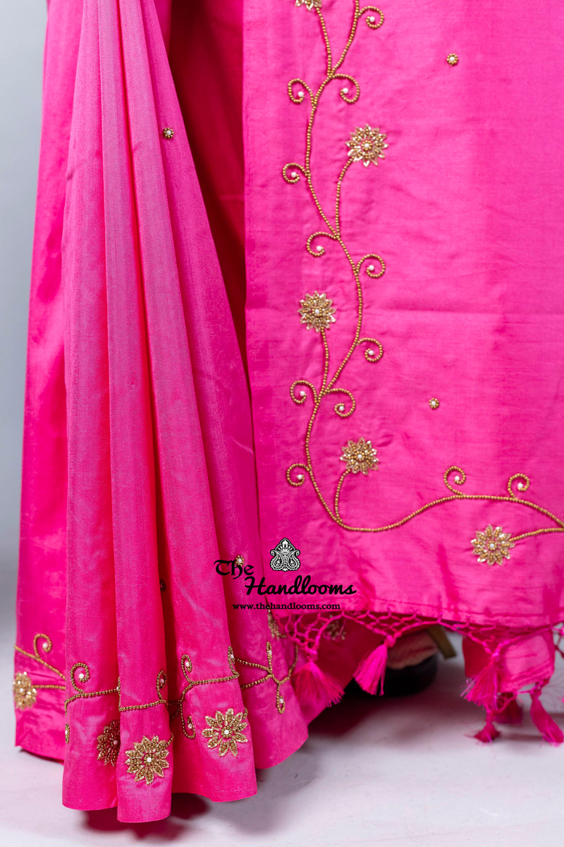 Pure katan Silk Handloom Banarasi Saree with Handwork: Zardozi, Diamond Chain, Katdana, and Abla Detailing