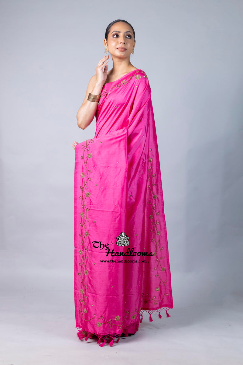 Pure katan Silk Handloom Banarasi Saree with Handwork: Zardozi, Diamond Chain, Katdana, and Abla Detailing