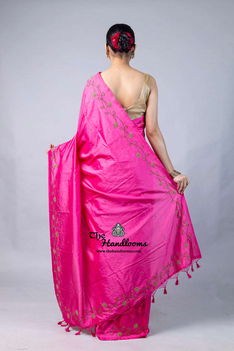 Pure katan Silk Handloom Banarasi Saree with Handwork: Zardozi, Diamond Chain, Katdana, and Abla Detailing