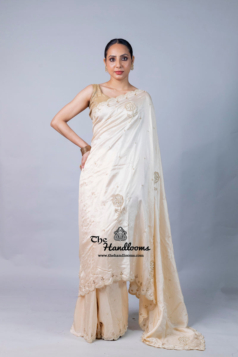 Pure katan Silk Handloom Banarasi Saree with Handwork: Zardozi, Diamond Chain, Katdana, and Abla Detailing
