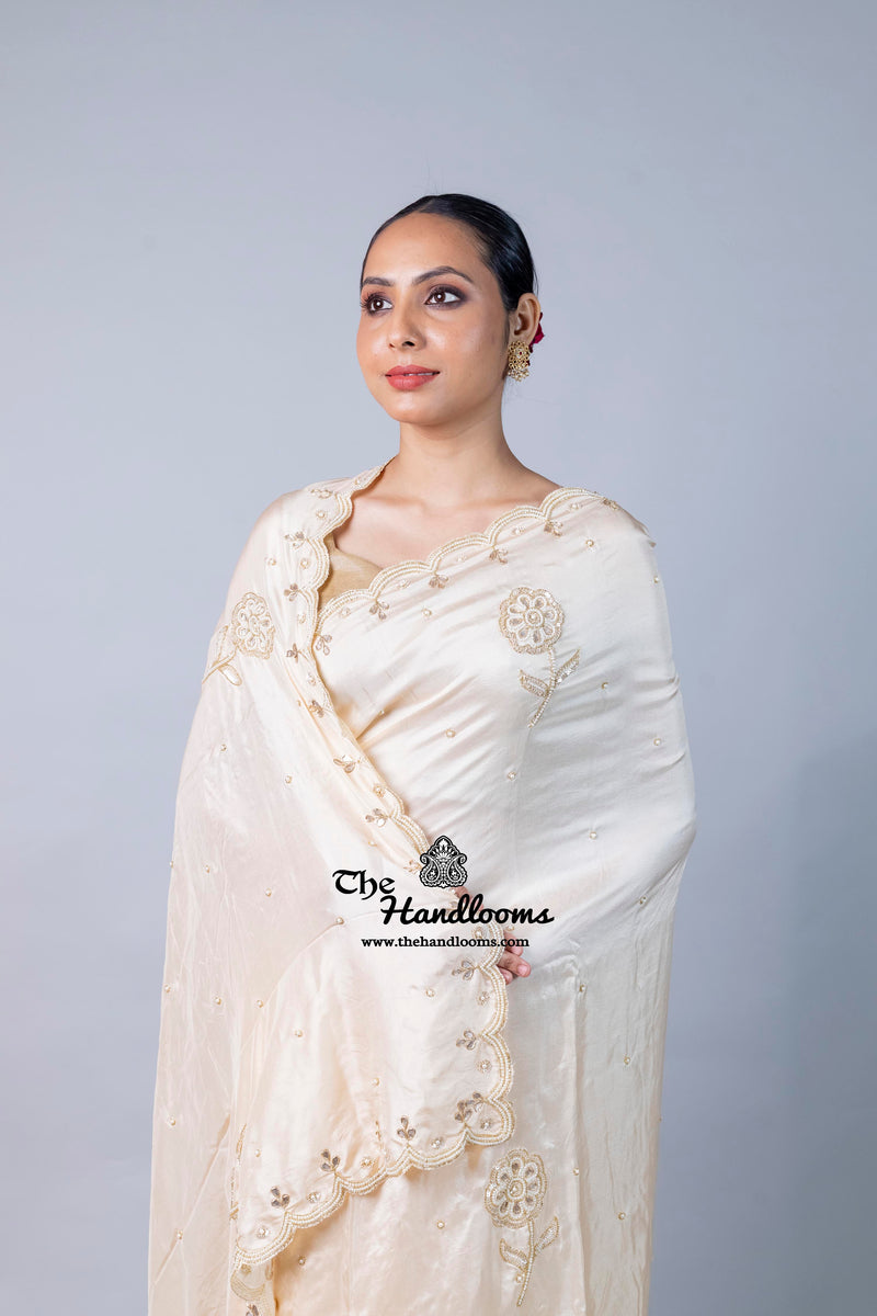 Pure katan Silk Handloom Banarasi Saree with Handwork: Zardozi, Diamond Chain, Katdana, and Abla Detailing