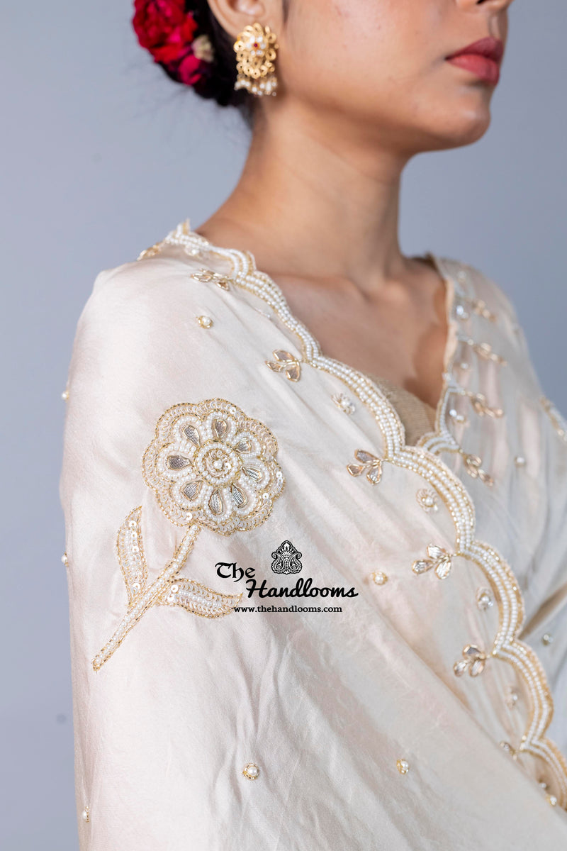 Pure katan Silk Handloom Banarasi Saree with Handwork: Zardozi, Diamond Chain, Katdana, and Abla Detailing