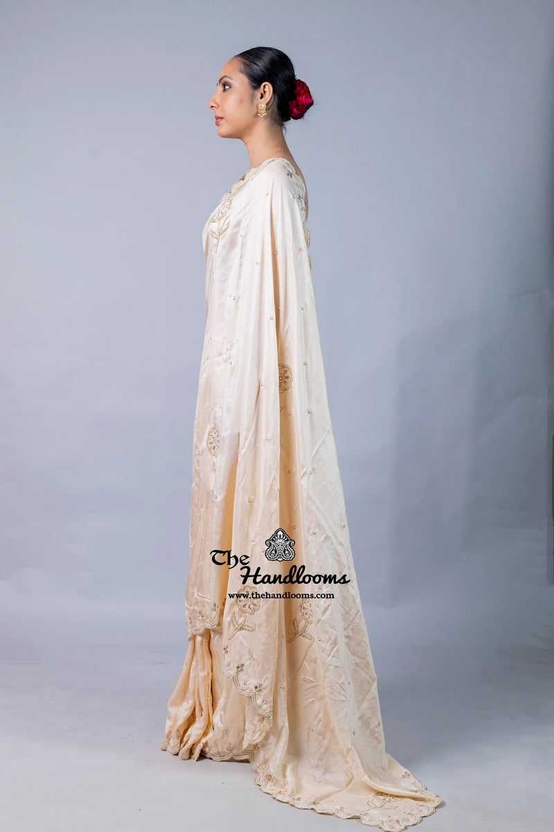 Pure katan Silk Handloom Banarasi Saree with Handwork: Zardozi, Diamond Chain, Katdana, and Abla Detailing