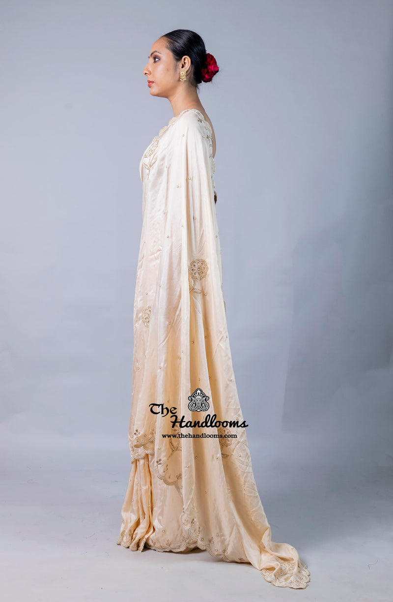 Pure katan Silk Handloom Banarasi Saree with Handwork: Zardozi, Diamond Chain, Katdana, and Abla Detailing