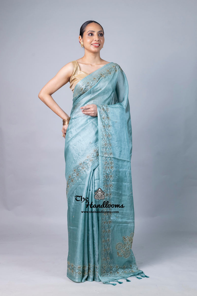 Pure Tussar Silk Handloom Banarasi Saree With Handwork
