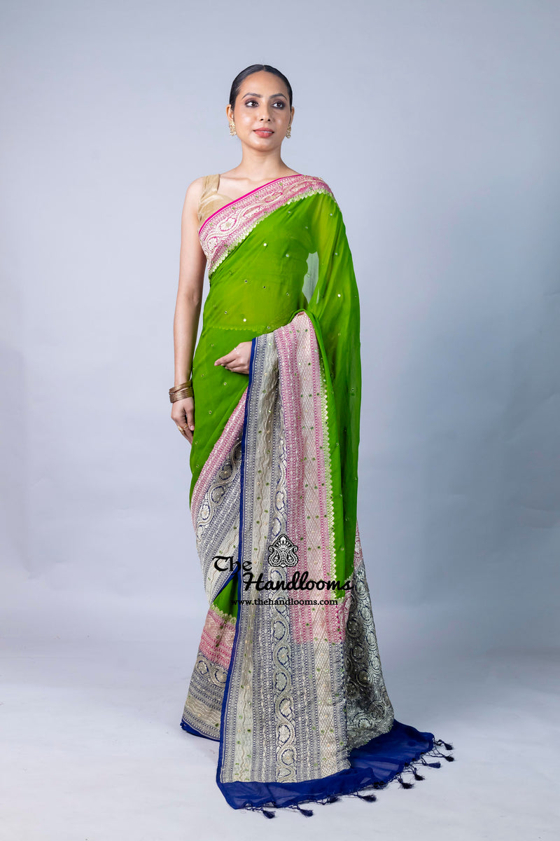 Khaddi Georgette Handloom Banarasi Saree with Handwork: Gota Patti, Zardozi, Diamond Chain, Katdana, and Abla Detailing