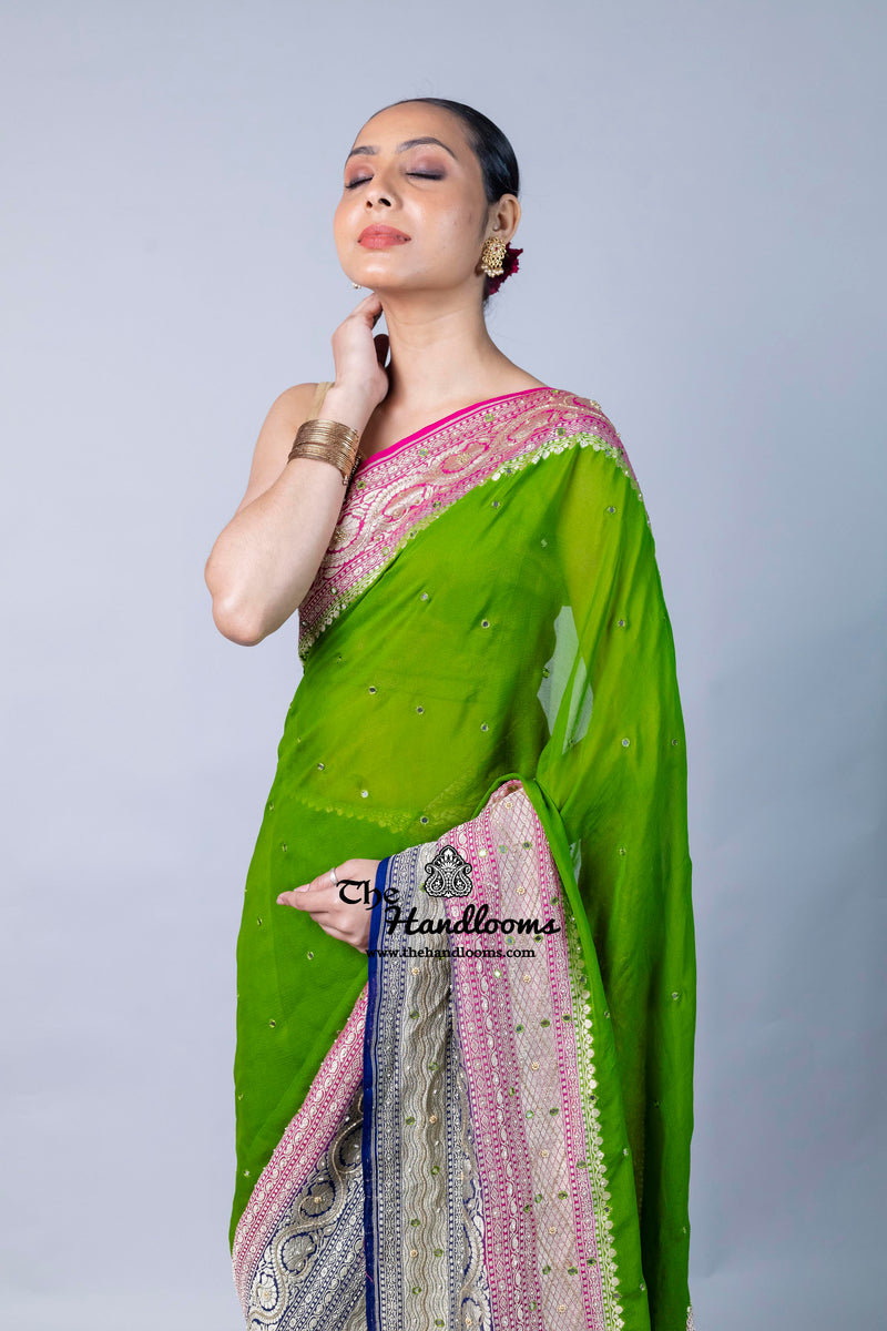 Khaddi Georgette Handloom Banarasi Saree with Handwork: Gota Patti, Zardozi, Diamond Chain, Katdana, and Abla Detailing
