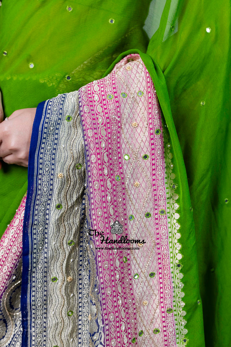 Khaddi Georgette Handloom Banarasi Saree with Handwork: Gota Patti, Zardozi, Diamond Chain, Katdana, and Abla Detailing