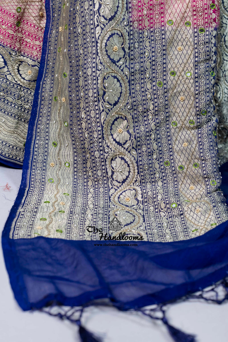 Khaddi Georgette Handloom Banarasi Saree with Handwork: Gota Patti, Zardozi, Diamond Chain, Katdana, and Abla Detailing