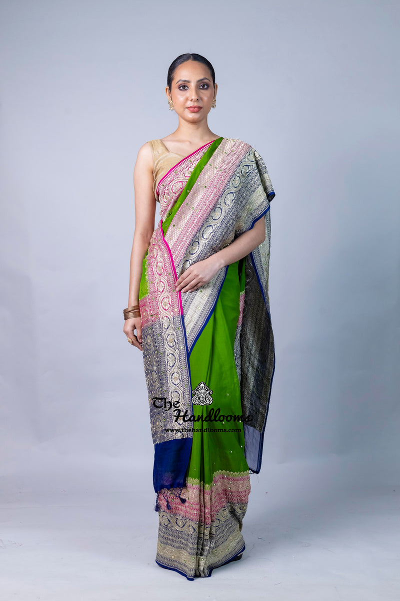 Khaddi Georgette Handloom Banarasi Saree with Handwork: Gota Patti, Zardozi, Diamond Chain, Katdana, and Abla Detailing