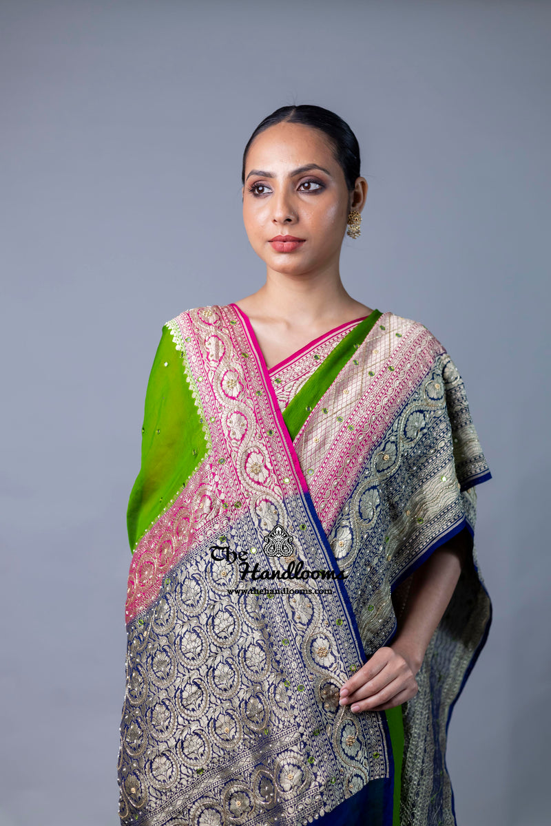 Khaddi Georgette Handloom Banarasi Saree with Handwork: Gota Patti, Zardozi, Diamond Chain, Katdana, and Abla Detailing