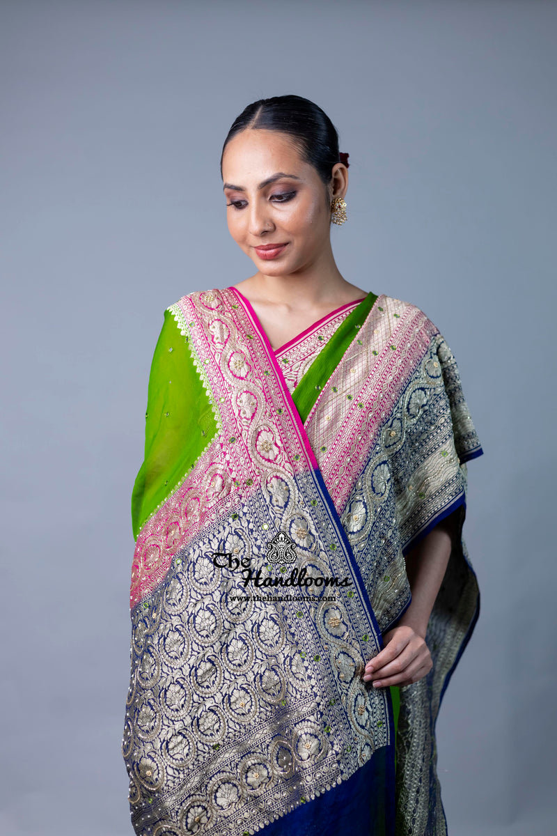 Khaddi Georgette Handloom Banarasi Saree with Handwork: Gota Patti, Zardozi, Diamond Chain, Katdana, and Abla Detailing